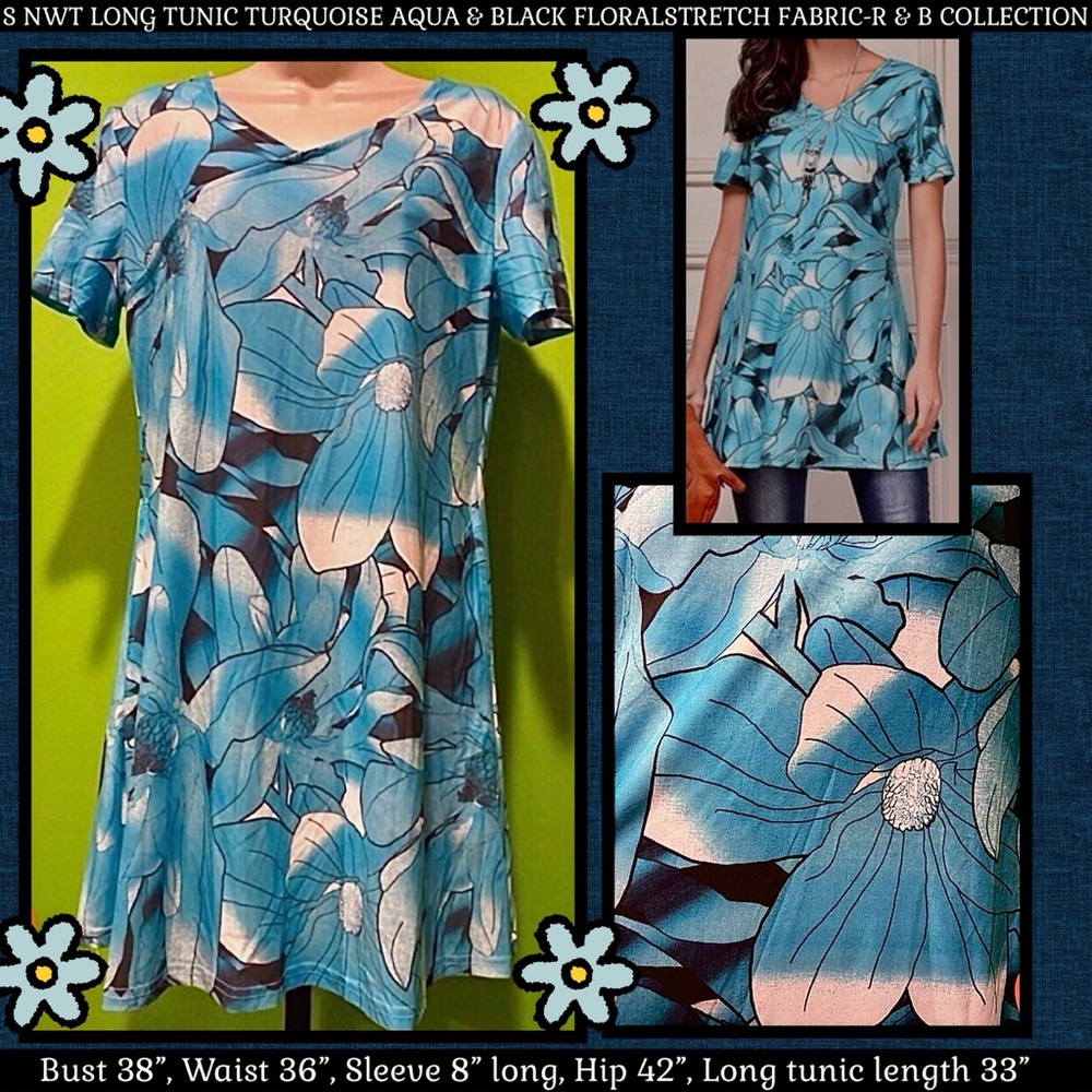 S NWT LONG TUNIC TURQUOISE AQUA & BLACK FLORAL STRETCH FABRIC~R & B COLLECTION